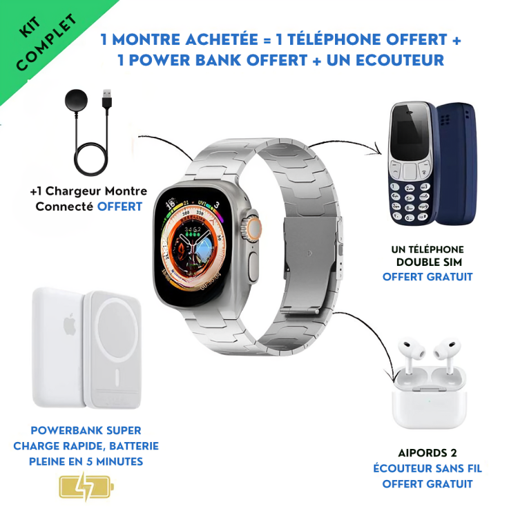 La montre connecté + téléphone portable + powerbank + ecouteur airpod