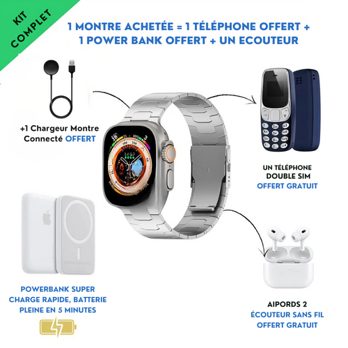 La montre connecté + téléphone portable + powerbank + ecouteur airpod
